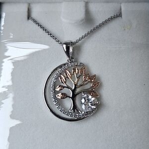 Rose & White Gold Plated Tree Of Life Crescent Moon Pendant Necklace.